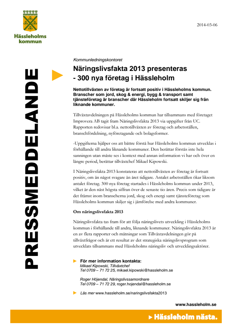 Näringslivsfakta 2013 - 300 nya företag i Hässleholm!