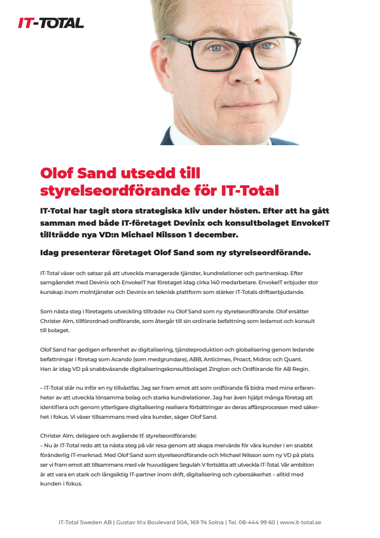 Olof Sand utsedd till styrelseordförande för IT-Total