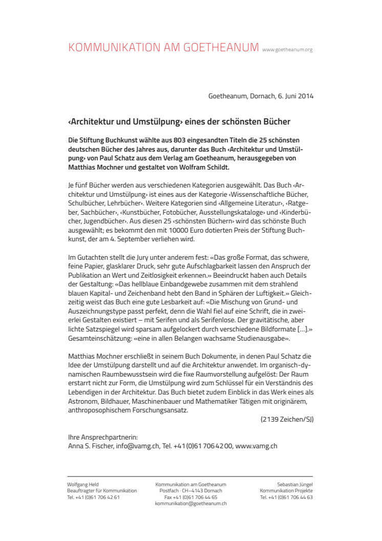 Stiftung Buchkunst prämiert ‹Architektur und Umstülpung› aus dem Verlag am Goetheanum