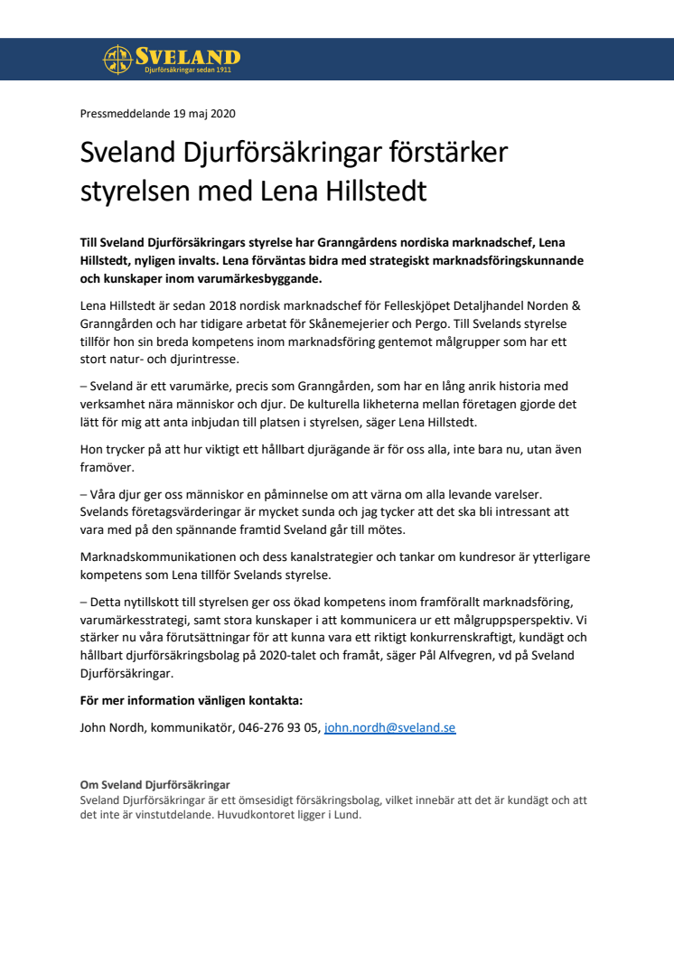 Sveland Djurförsäkringar förstärker styrelsen med Lena Hillstedt