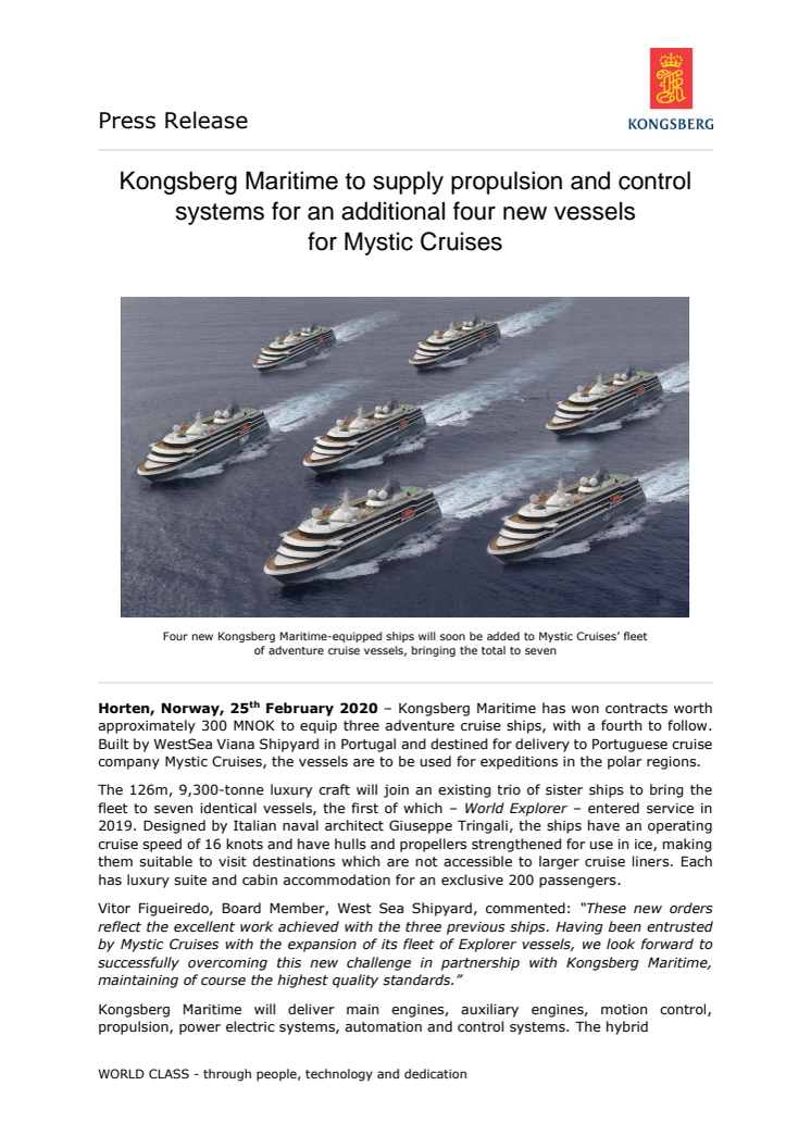 Kongsberg Maritime to supply propulsion and control systems for an additional four new vessels for Mystic Cruises