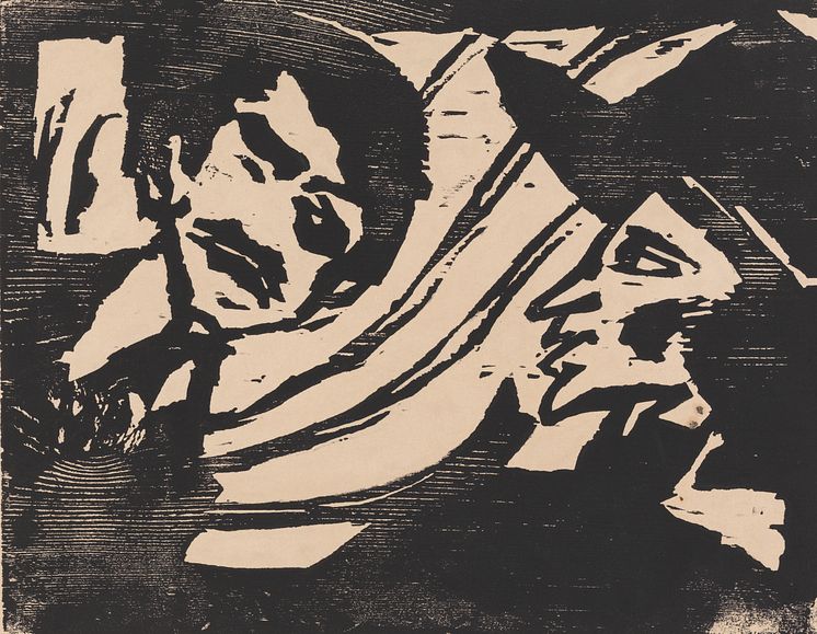 Avtrykk. Tresnitt fra fem århundrer. Emil Nolde, Ung mann og ung kvinne, tresnitt, 1918. / Impressions. Five Centuries of Woodcuts. Emil Nolde, Young Couple, 1918.