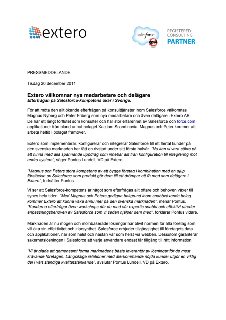 Extero välkomnar nya medarbetare och delägare