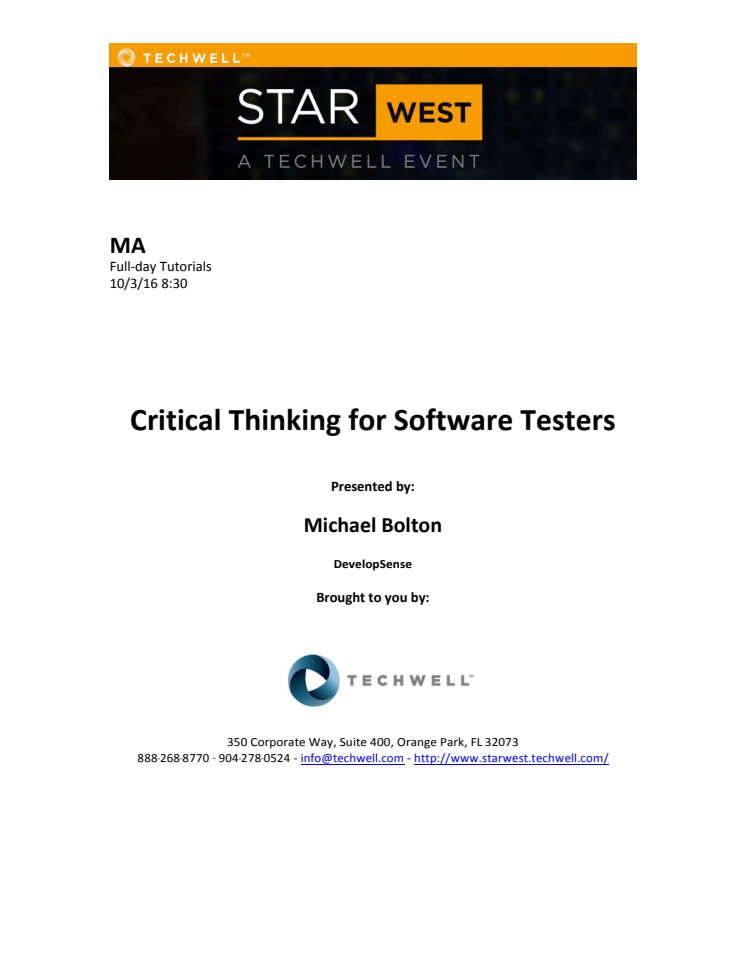 Critical Thinking for Software Testers m. Michael Bolton