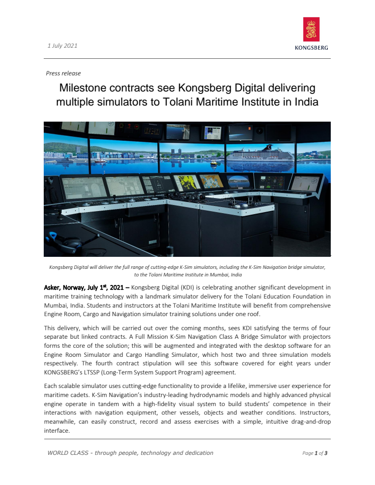 Milestone contracts see Kongsberg Digital delivering multiple simulators to Tolani Maritime Institute in India