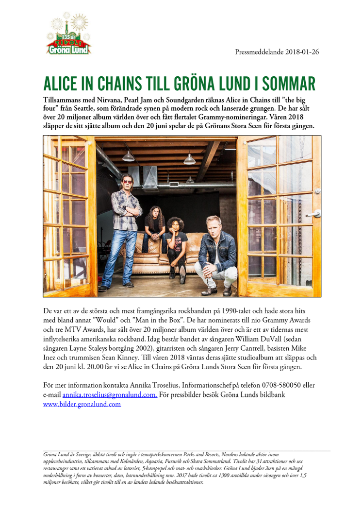 Alice in Chains till Gröna Lund i sommar