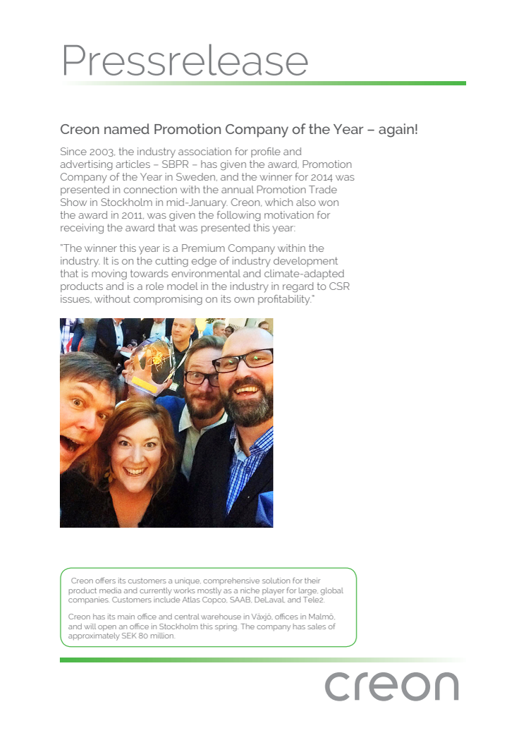 ​Creon named Promotion Company of the Year – again!