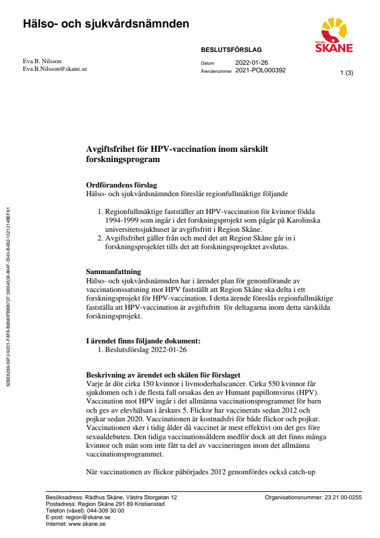 Beslutsförslag HSN ärende 8 Avgiftsfrihet för HPV-vaccination inom särskilt forskningsprogram.pdf