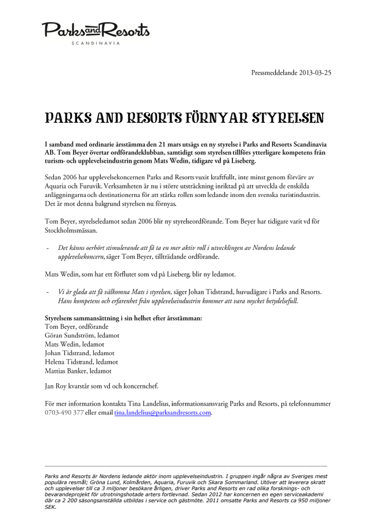 Parks and Resorts förnyar styrelsen