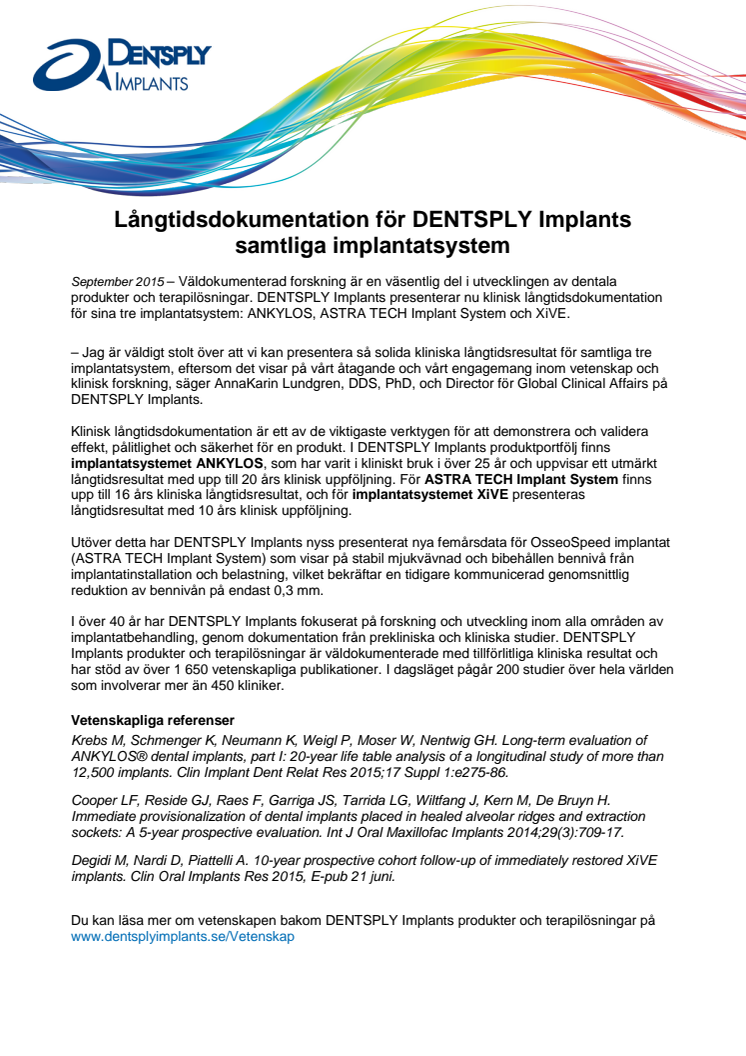 Långtidsdokumentation för DENTSPLY Implants samtliga implantatsystem