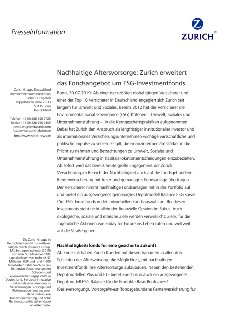 Nachhaltige Altersvorsorge: Zurich erweitert das Fondsangebot um ESG-Investmentfonds