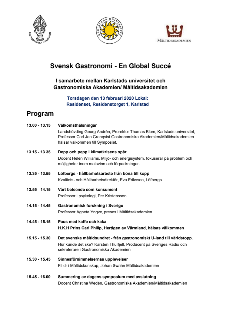 Program 13 feb - Svensk Gastronomi - En Global Succé
