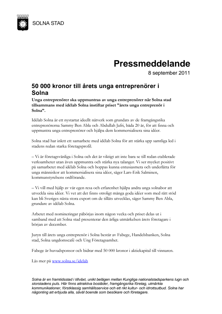 50 000 kronor till årets unga entreprenörer i Solna