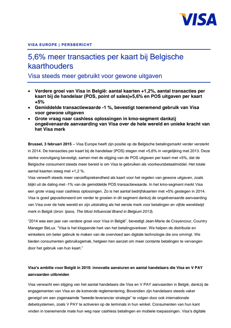 5,6% meer transacties per kaart bij Belgische kaarthouders - Visa steeds meer gebruikt voor gewone uitgaven