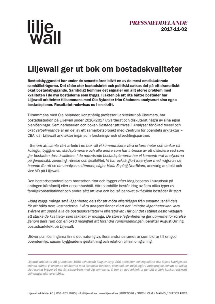 Liljewall ger ut bok om bostadskvaliteter