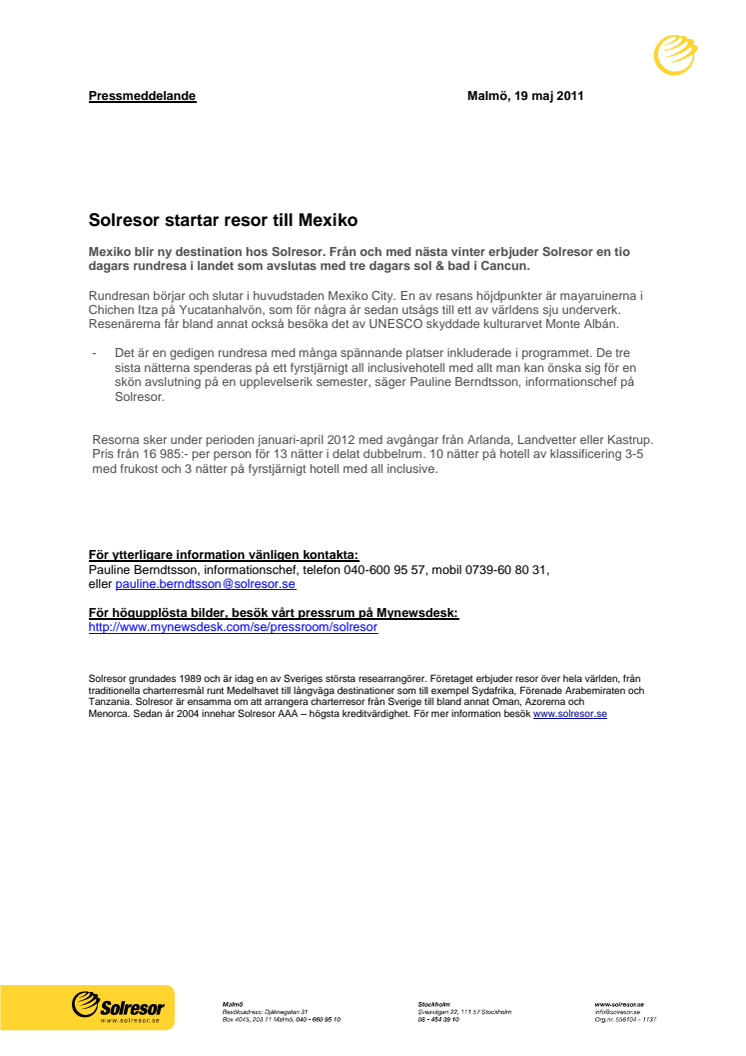Solresor startar resor till Mexiko