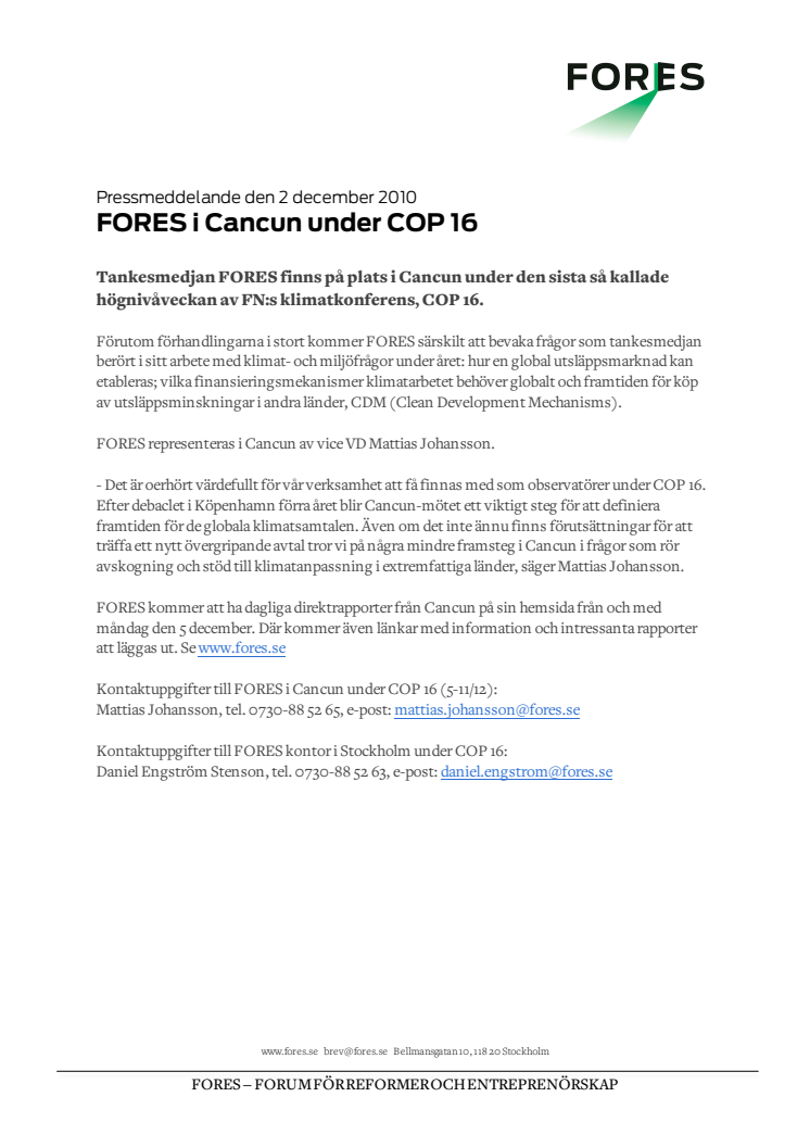 FORES i Cancun under COP 16 