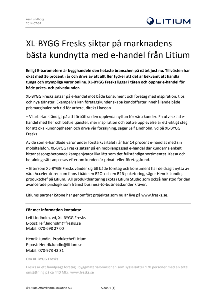 XL-BYGG Fresks siktar på marknadens bästa kundnytta med e-handel från Litium