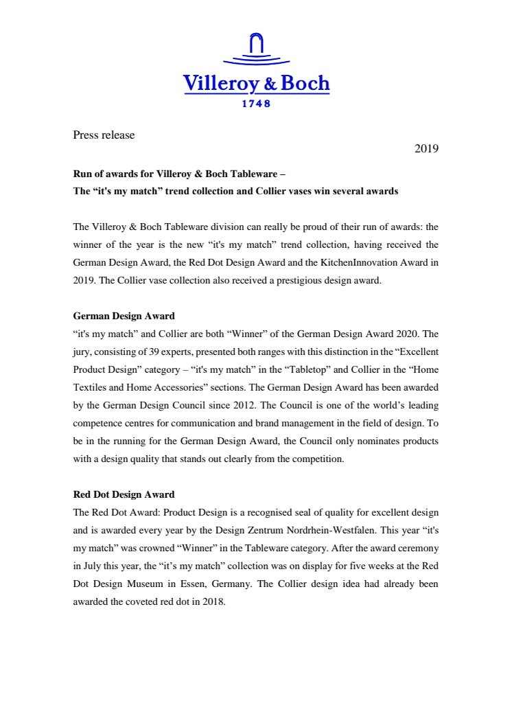 Run of awards for Villeroy & Boch Tableware – The “it's my match” trend collection and Collier vases win several awards