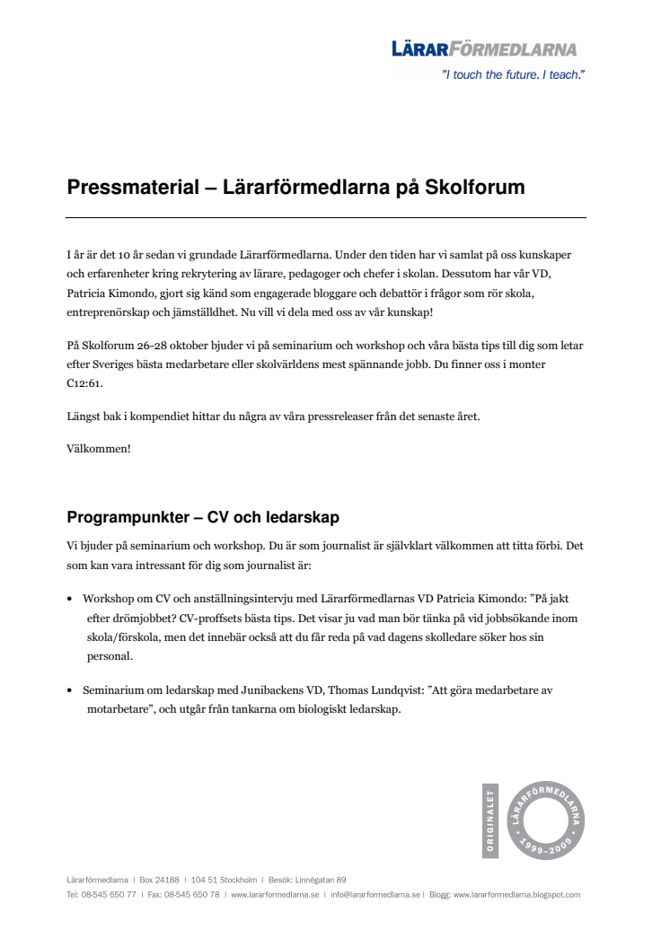 Träffa Lärarförmedlarna på Skolforum 2009