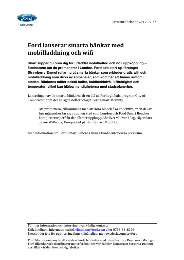 Ford lanserar smarta bänkar med mobilladdning och wifi