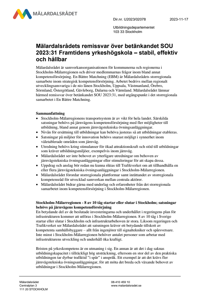 Mälardalsrådets remissvar över betänkandet Framtidens yrkeshögskola – stabil effektiv och hållbar.pdf