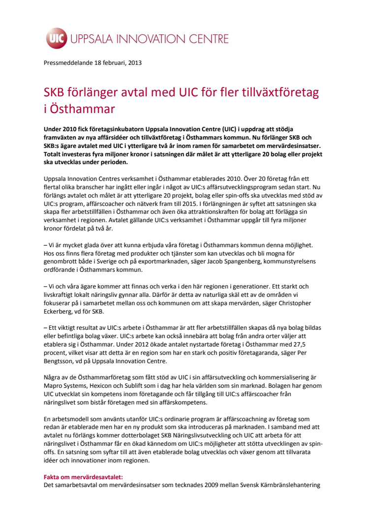 SKB förlänger avtal med UIC för fler tillväxtföretag i Östhammar
