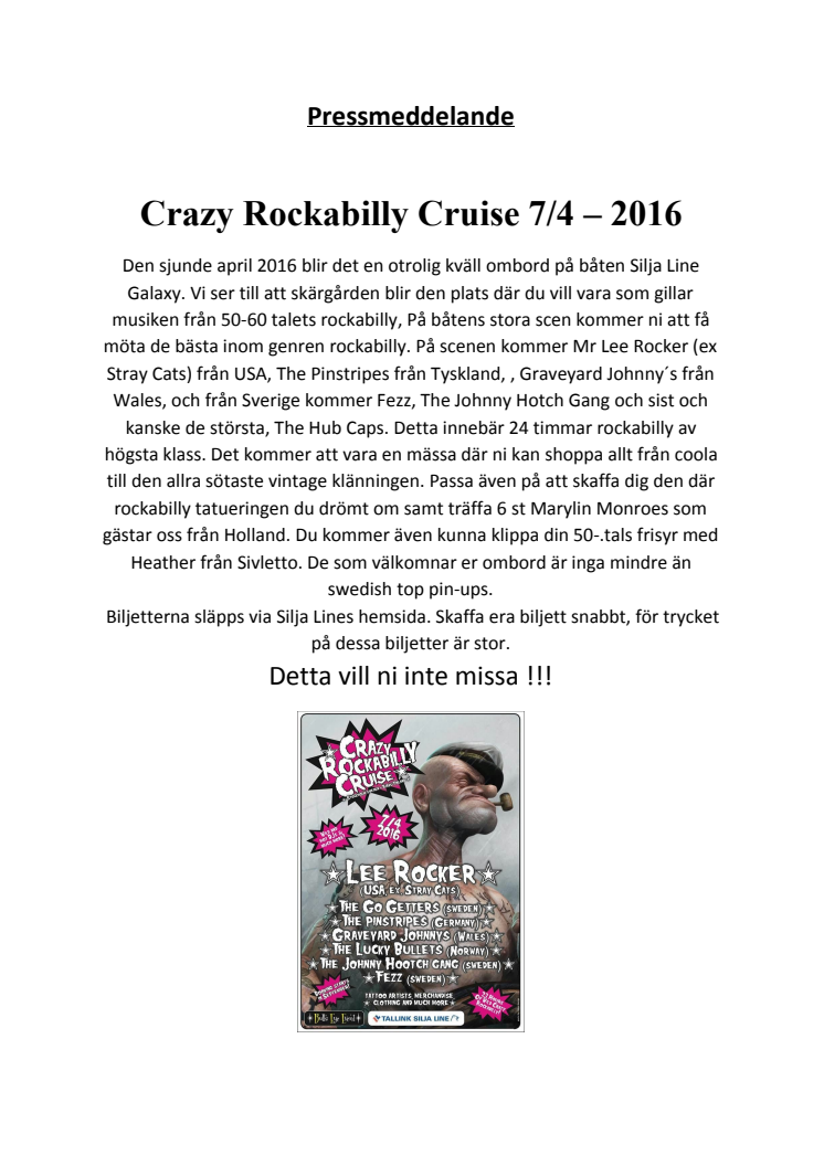 Stray Cat Lee Rocker gör en spelning i Sverige på Crazy Rockabilly Cruise