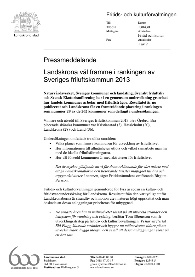 Landskrona väl framme i rankingen av Sveriges friluftskommun 2013