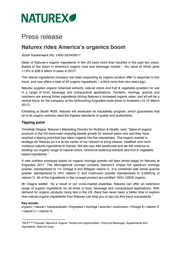 Press release – Naturex rides America’s organics boom