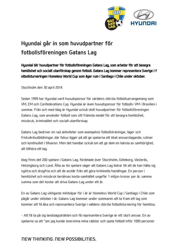 Hyundai går in som huvudpartner för fotbollsföreningen Gatans Lag