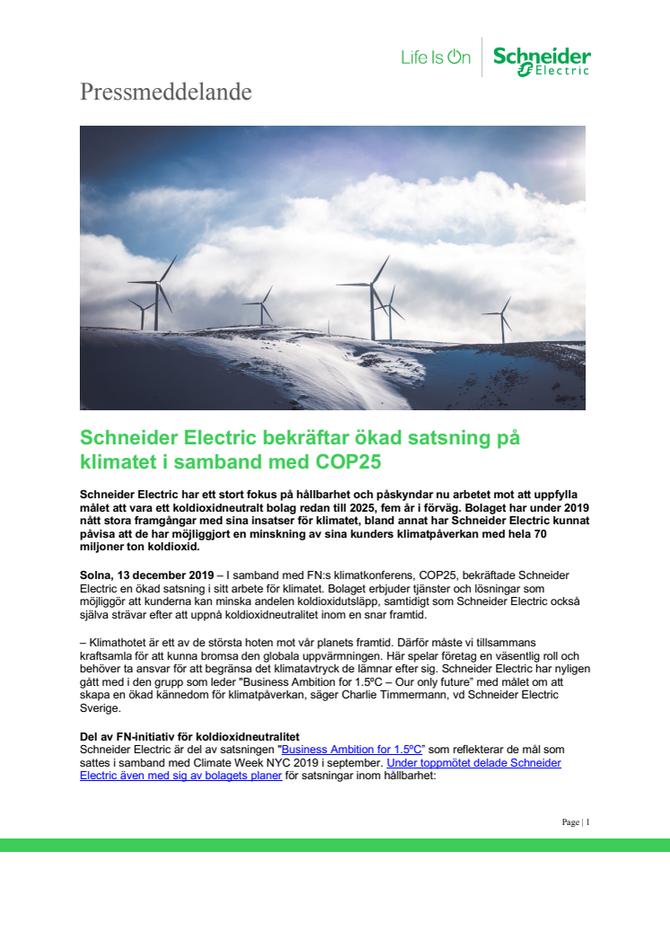 Schneider Electric bekräftar ökad satsning på klimatet i samband med COP25