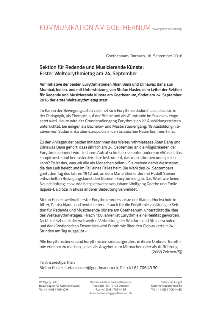 Erster Welteurythmietag am 24. September – unterstützt von der Sektion für Redende und Musizierende Künste am Goetheanum