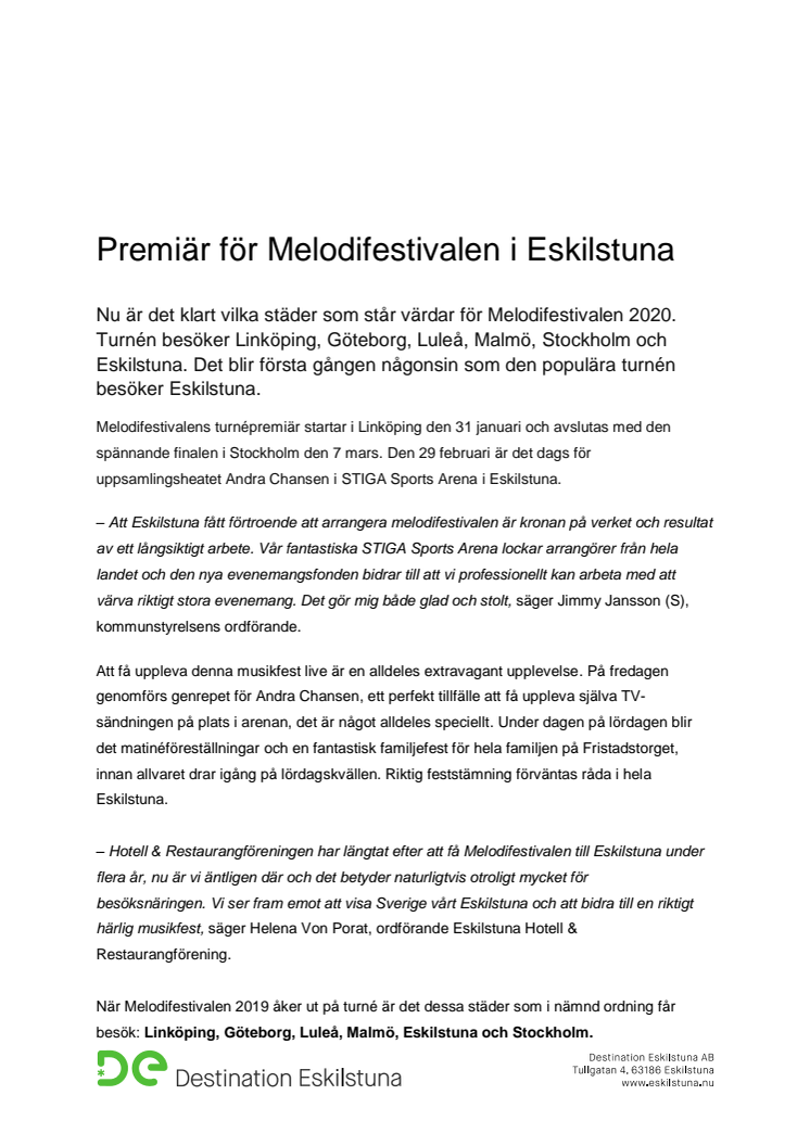 Premiär för Melodifestivalen i Eskilstuna