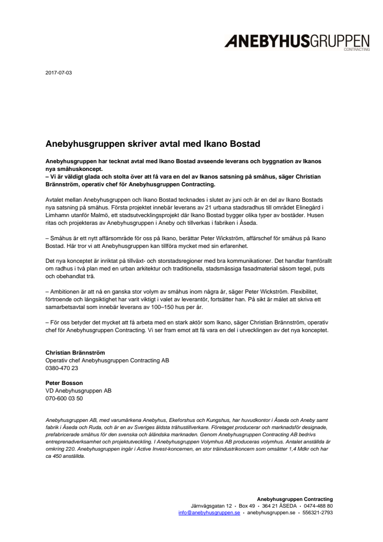 Anebyhusgruppen skriver avtal med Ikano Bostad