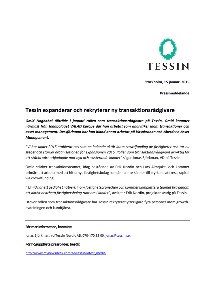 Tessin expanderar och rekryterar ny transaktionsrådgivare