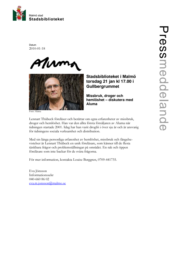 Stadsbiblioteket i Malmö: Missbruk, droger och hemlöshet – diskutera med Aluma