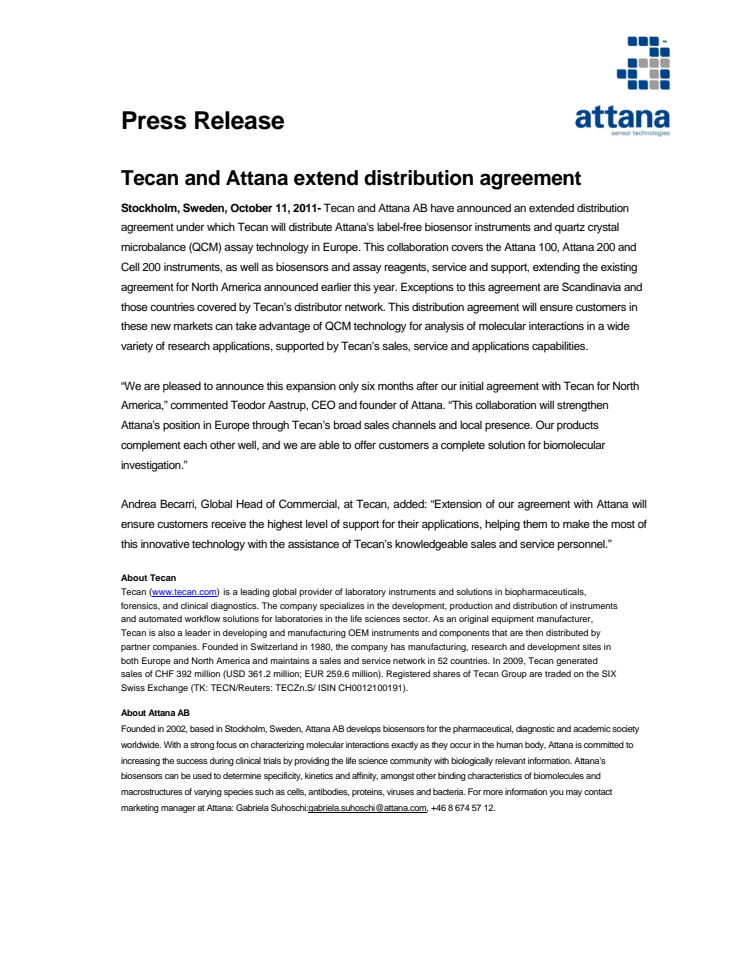 Tecan and Attana extend distribution agreement 