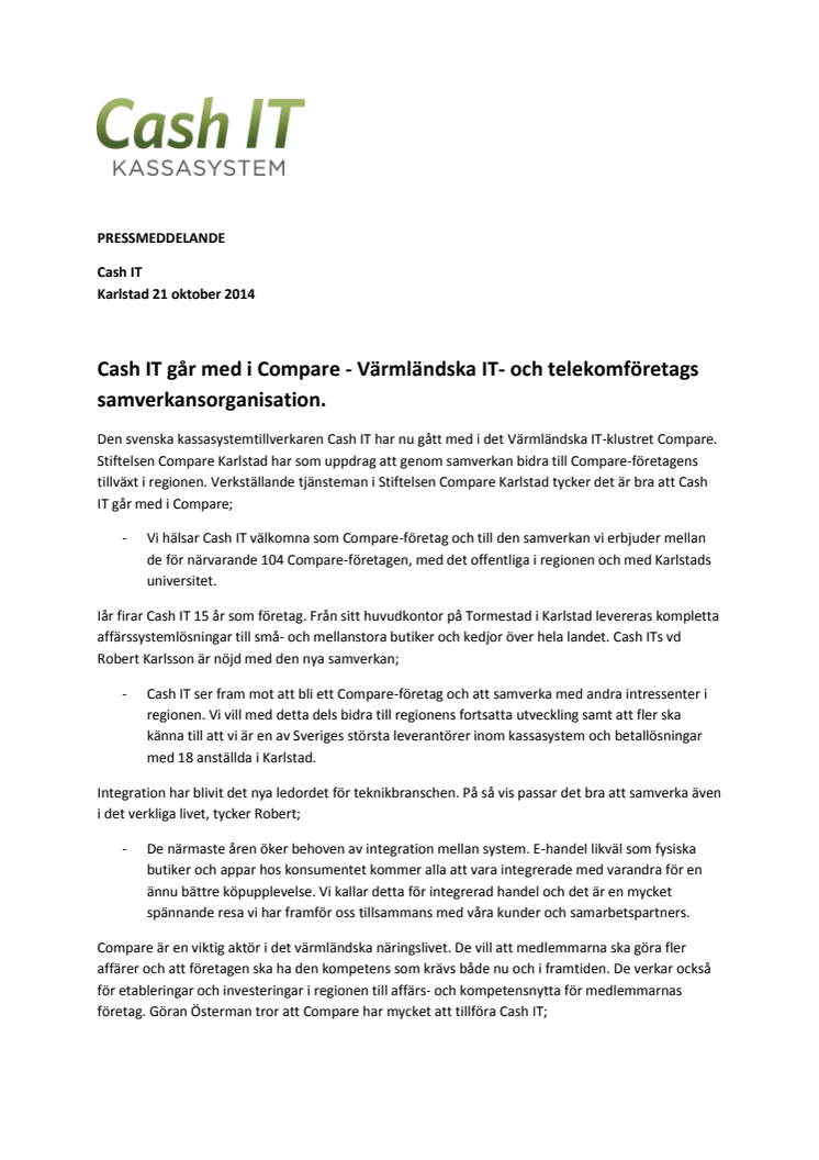 Cash IT går med i Compare - Värmländska IT- och telekomföretags samverkansorganisation.