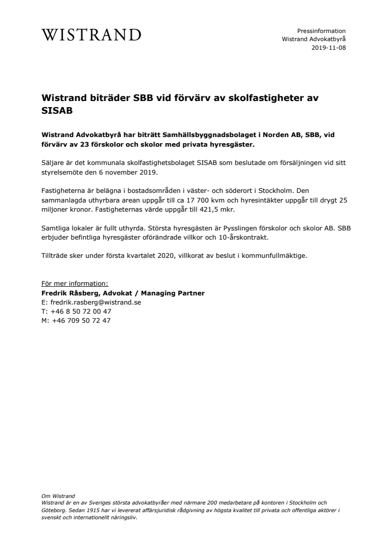 Wistrand biträder SBB vid förvärv av skolfastigheter av SISAB