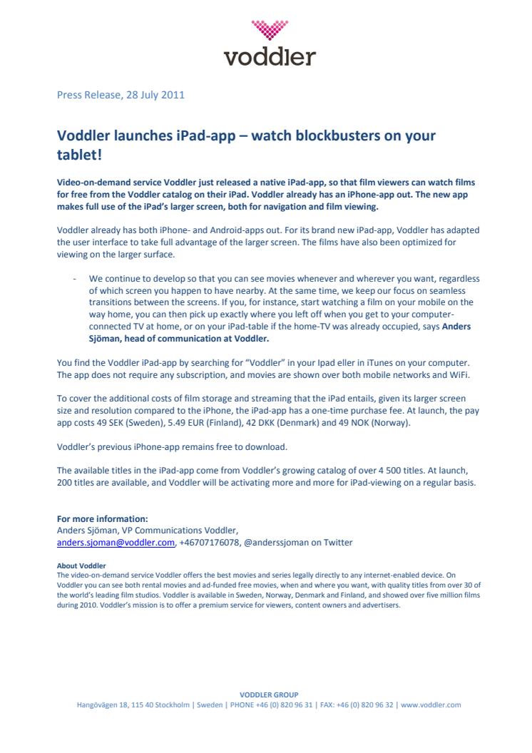 Voddler launches iPad-app – watch blockbusters on your tablet!