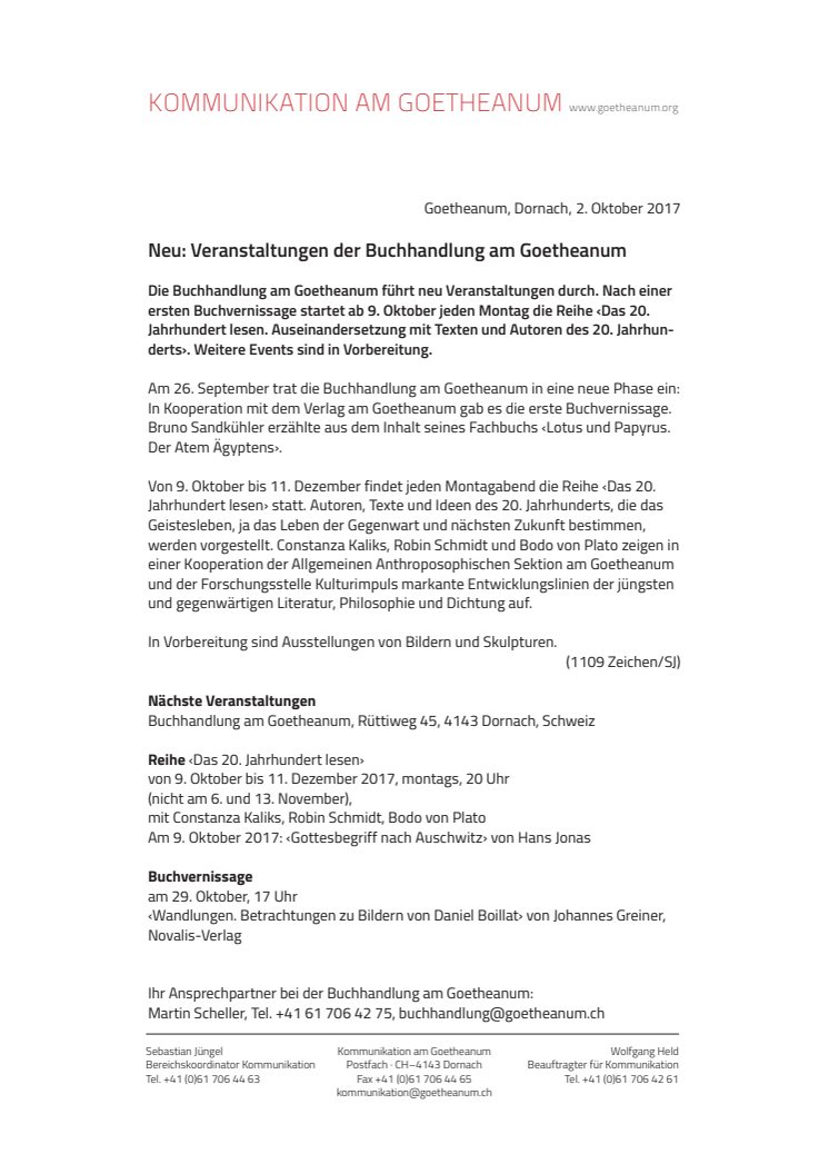 Neu: Veranstaltungen der Buchhandlung am Goetheanum