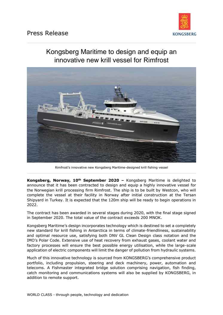 Kongsberg Maritime to design and equip an innovative new krill vessel for Rimfrost