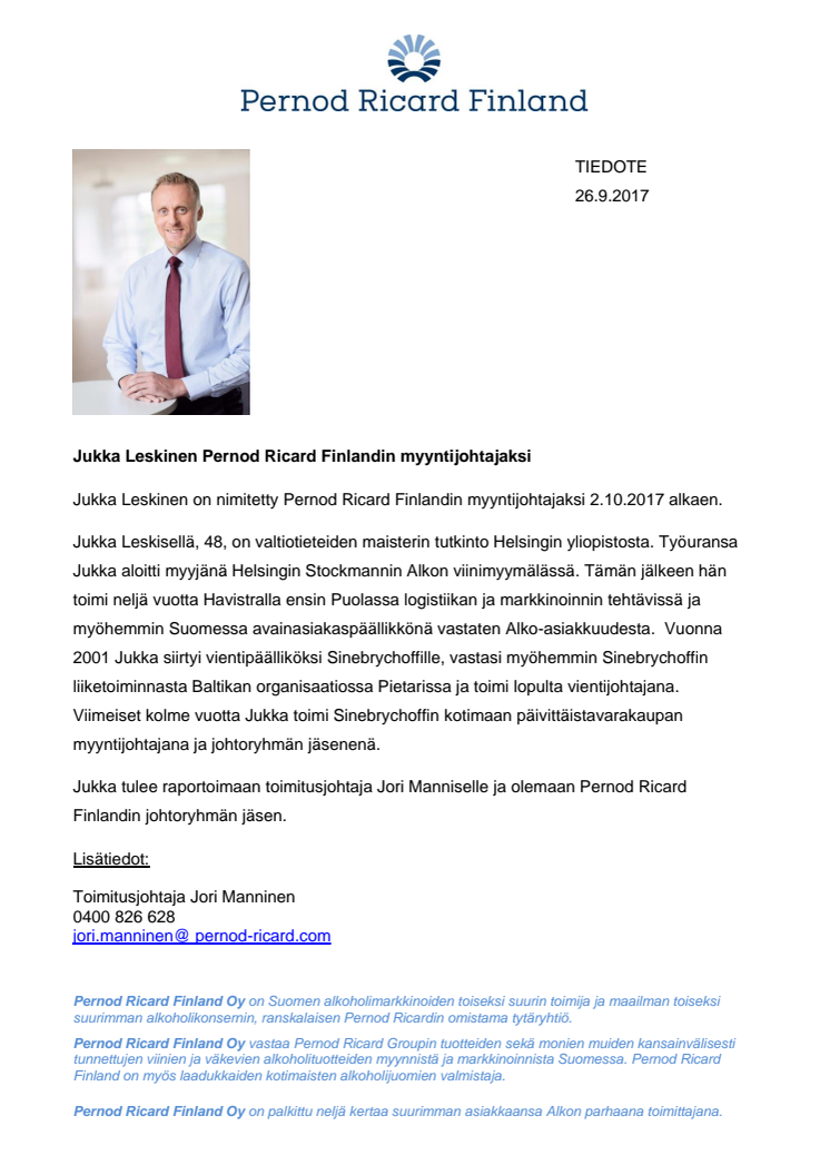 Jukka Leskinen myyntijohtajaksi Pernod Ricard Finlandiin 