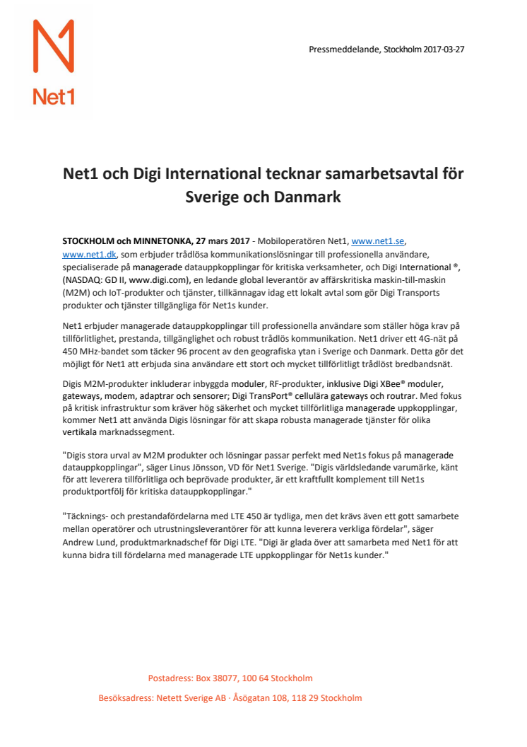 Net1 och Digi International tecknar samarbetsavtal för Sverige och Danmark