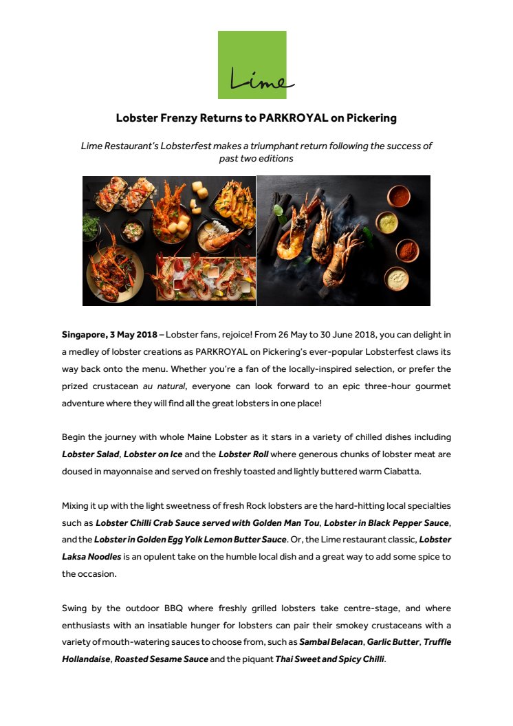 Lobster Frenzy Returns to PARKROYAL on Pickering 