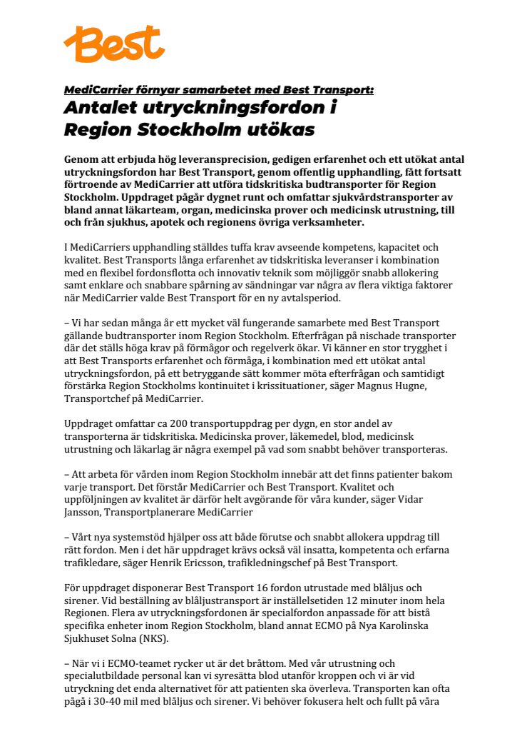 MediCarrier förnyar samarbetet med Best Transport: Antalet utryckningsfordon i  Region Stockholm utökas