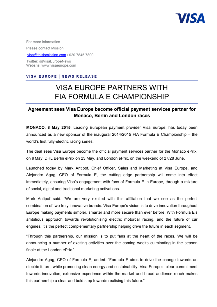 Visa Europe partners with FIA Formula E Championship