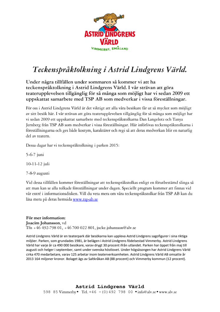 ​Teckenspråktolkning i Astrid Lindgrens Värld