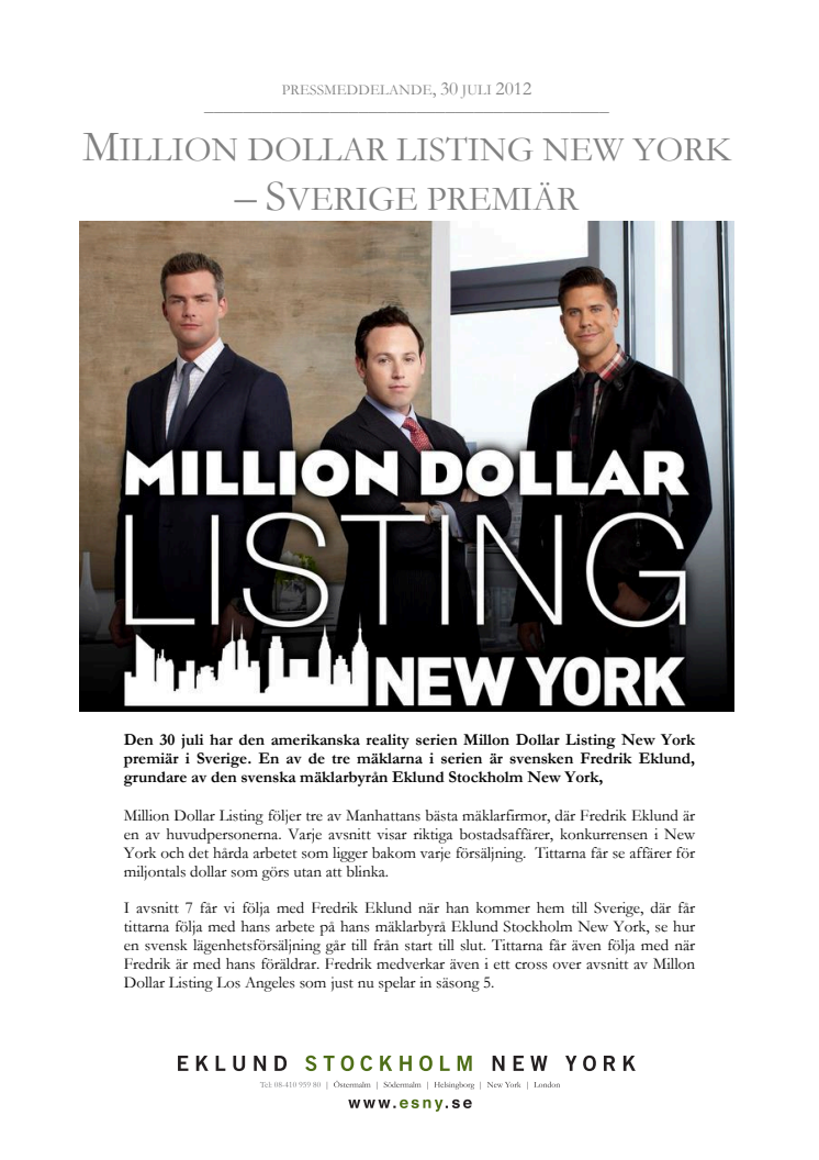 MILLION DOLLAR LISTING NEW YORK – SVERIGE PREMIÄR 